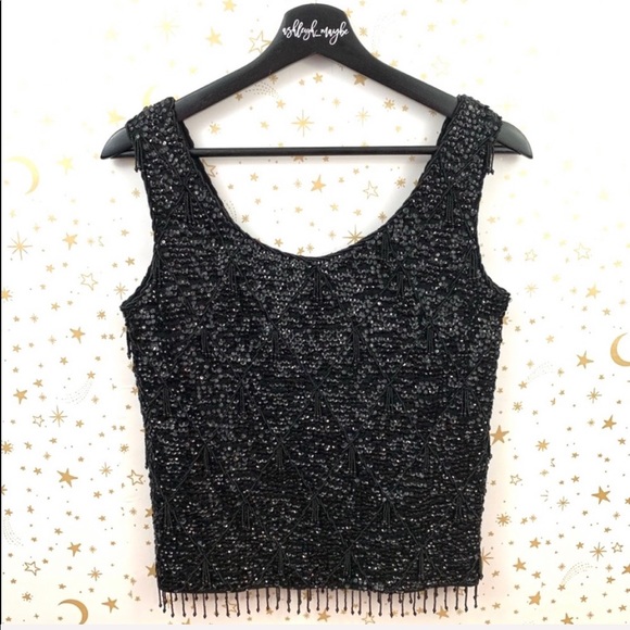 Vintage Tops - Vintage | Beaded Sequined Fringe Cropped Tank Top